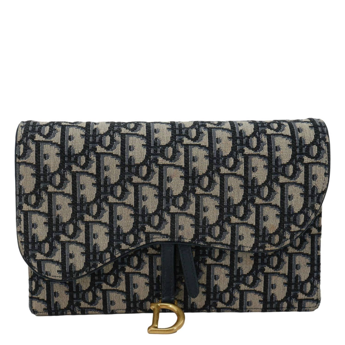 CHRISTIAN DIOR Saddle Oblique Jacquard Pouch Wallet On Chain Navy Blue