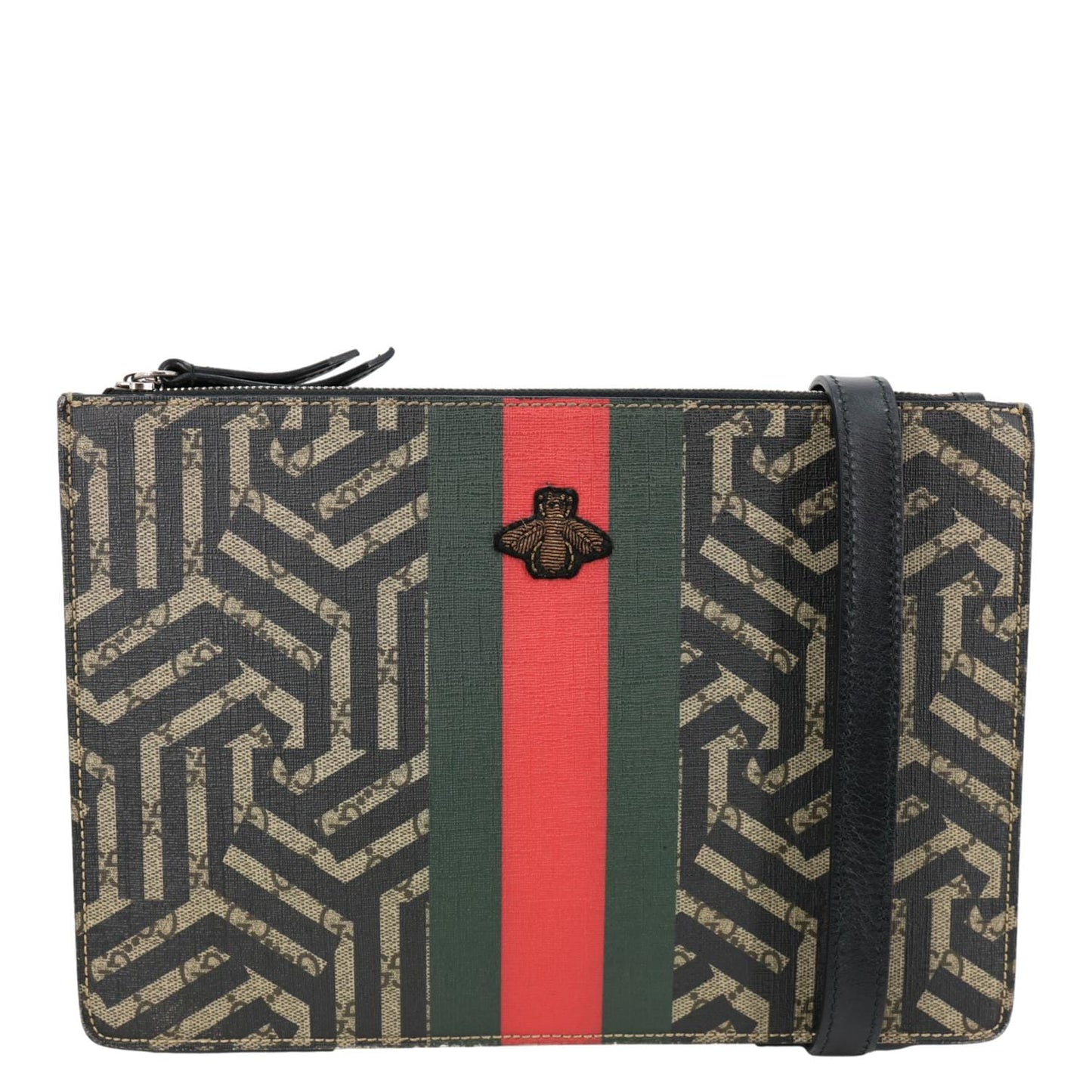 GUCCI Caleido Bee GG Supreme Web Canvas Clutch Crossbody Bag Black 450358