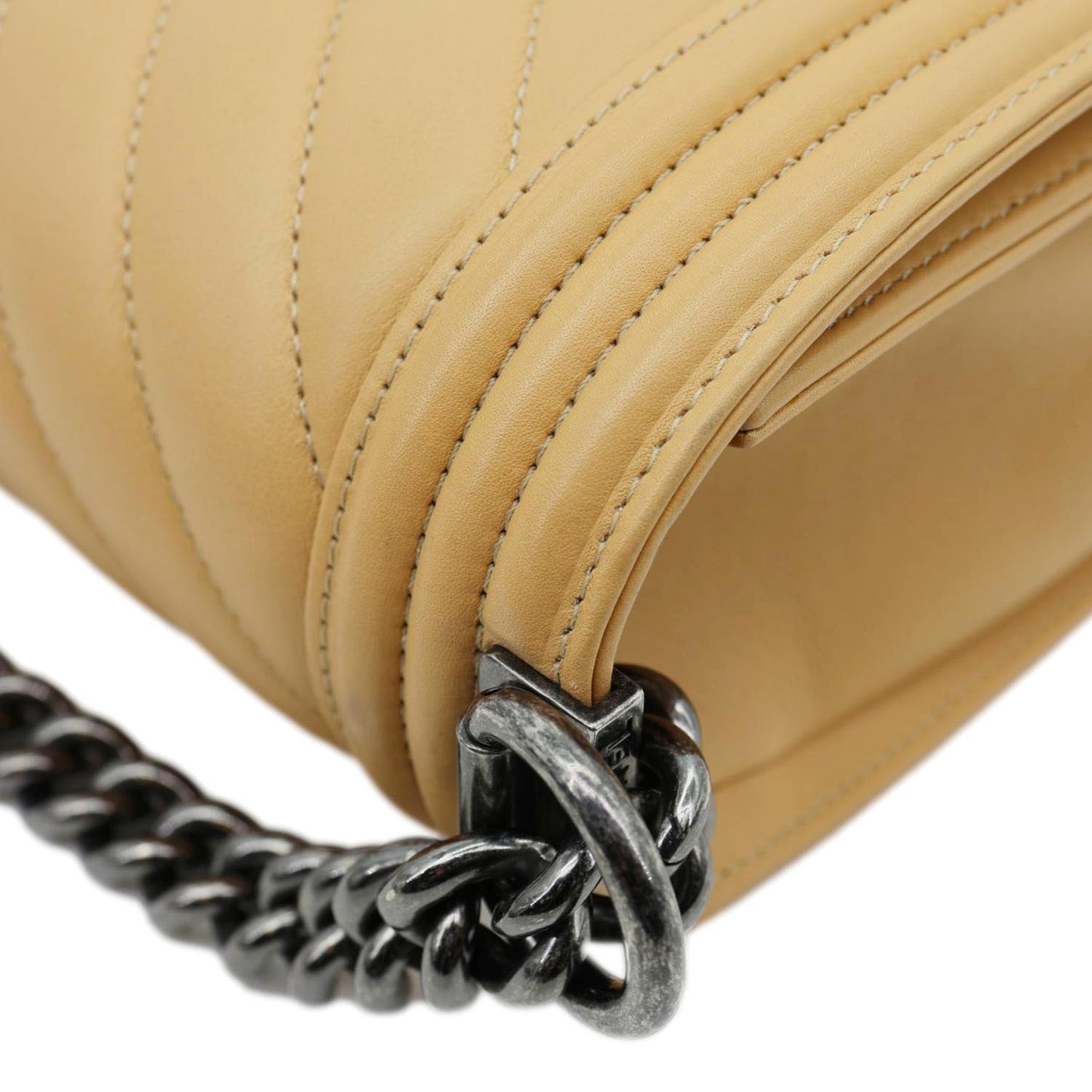 CHANEL Boy Flap Medium Chevron Calfskin Leather Chain Shoulder Bag Beige