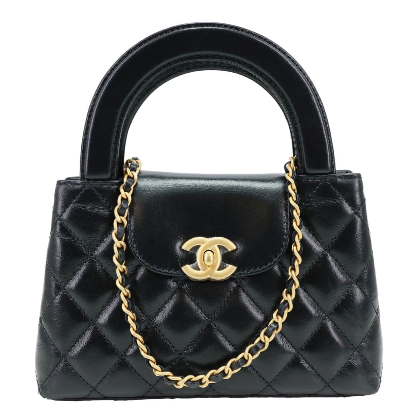 CHANEL Kelly Nano Quilted Aged Calfskin Leather Top Handle Shoulder Bag Black