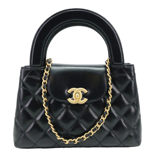 CHANEL Kelly Nano Quilted Aged Calfskin Leather Top Handle Shoulder Bag Black