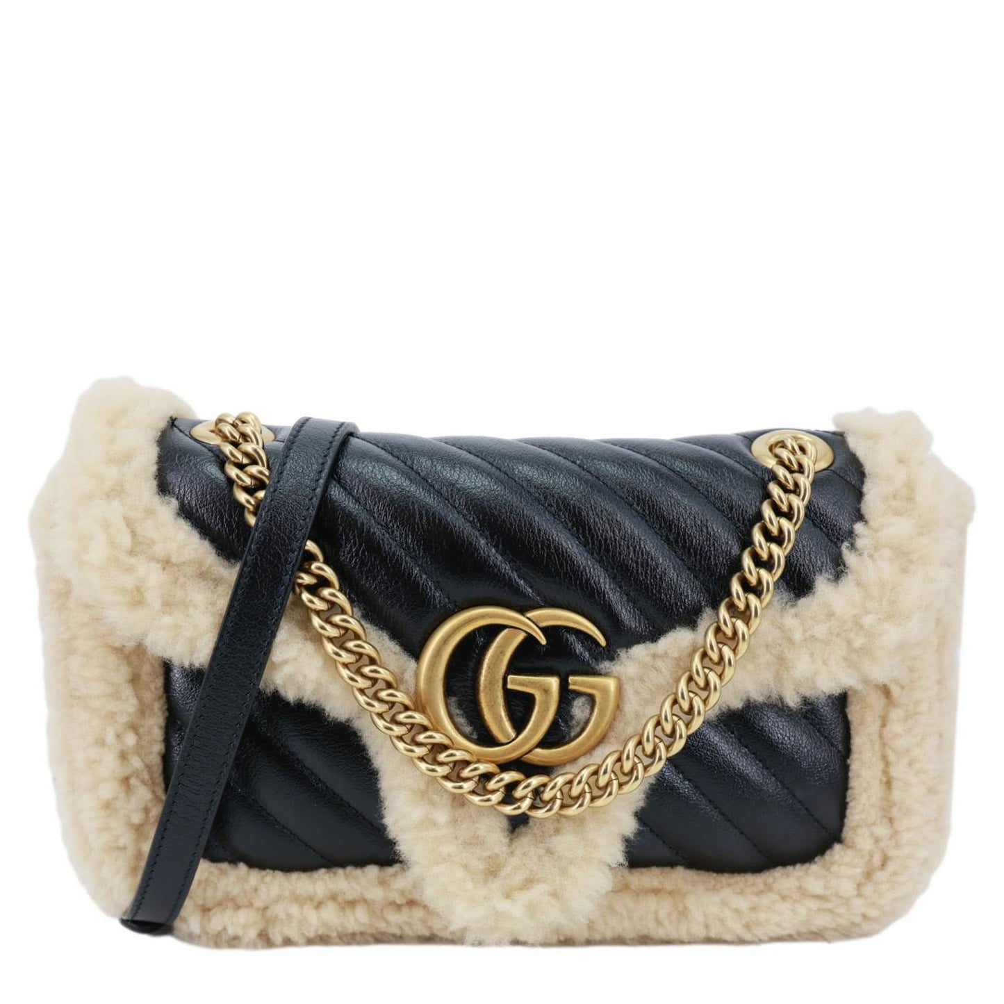 GUCCI GG Marmont Small Diagonal Wool Matelasse Calfskin Leather Shoulder Bag Black 443497