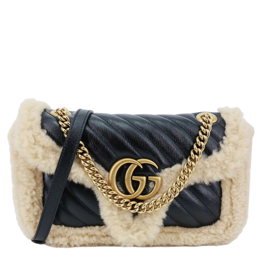 GUCCI GG Marmont Small Diagonal Wool Matelasse Calfskin Leather Shoulder Bag Black 443497