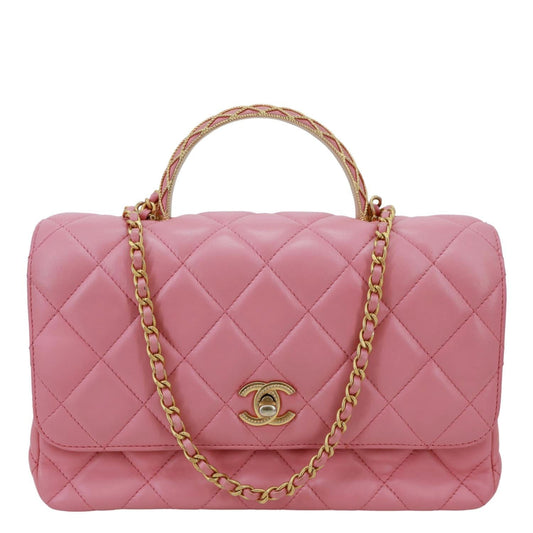CHANEL Top Handle WOC Quilted Lambskin Leather Wallet On Chain Shoulder Bag Pink