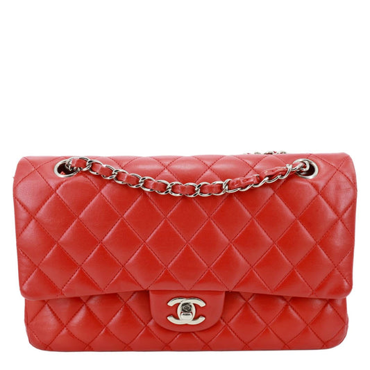 CHANEL Classic Double Flap Medium Quilted Lambskin Leather Shoulder Bag Red