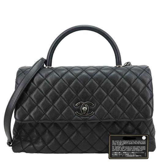 CHANEL Coco Flap Medium Quilted Caviar Leather Top Handle Shoulder Bag Black