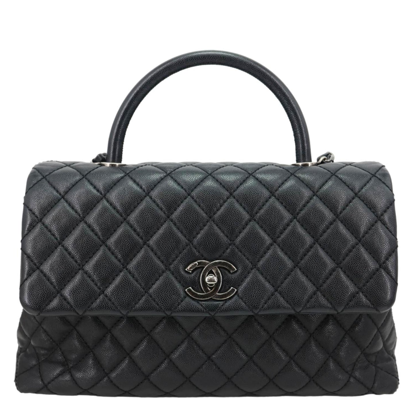 CHANEL Coco Flap Medium Quilted Caviar Leather Top Handle Shoulder Bag Black