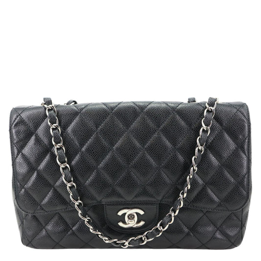 CHANEL Jumbo Classic Single Flap Quilted Caviar Leather Shoulder Bag Black