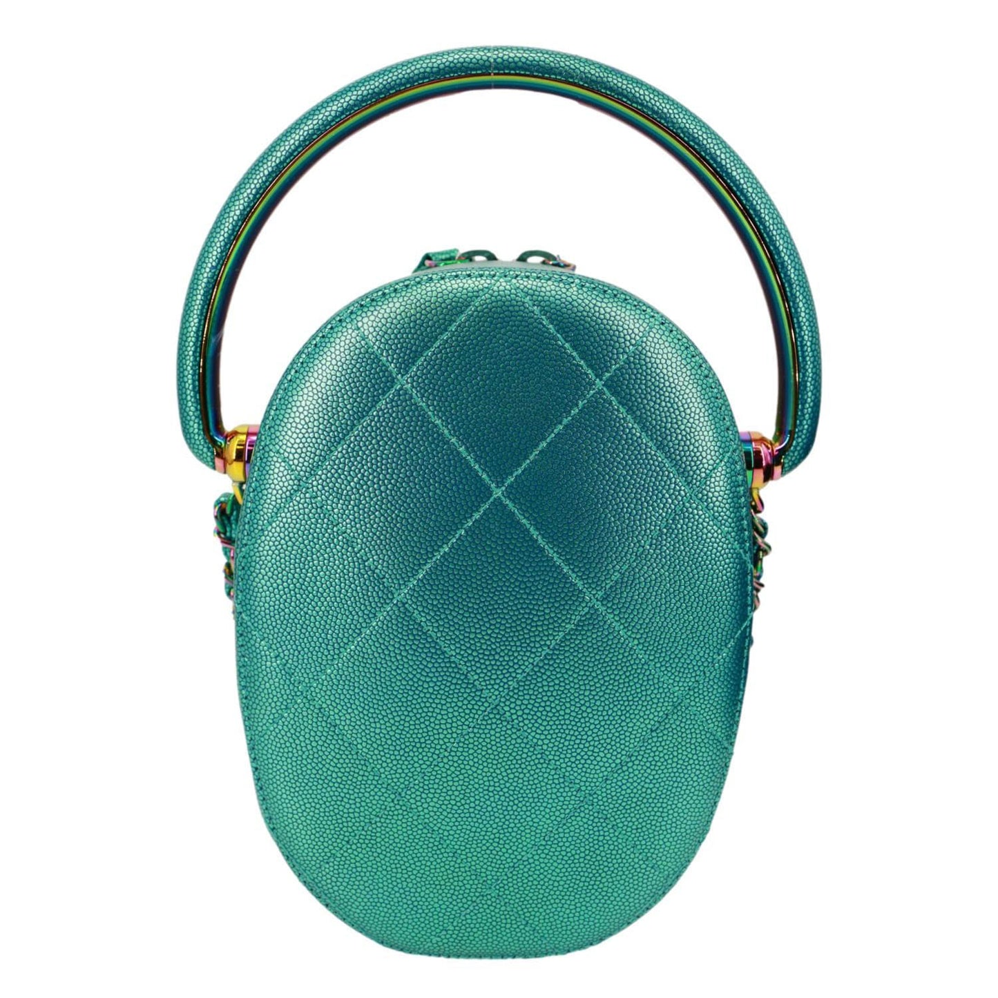 CHANEL Metallic Oval Quilted Caviar Leather Camera Bag Turquoise