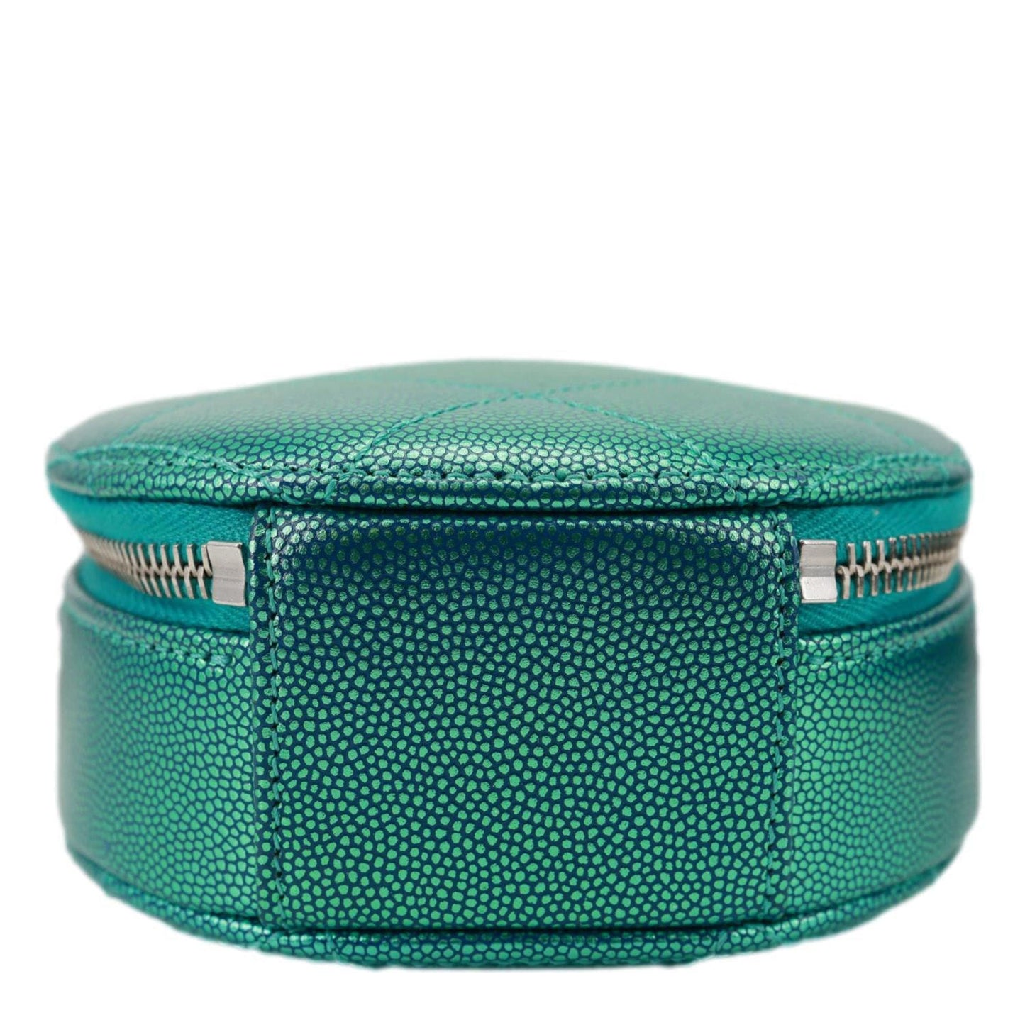 CHANEL Metallic Oval Quilted Caviar Leather Camera Bag Turquoise