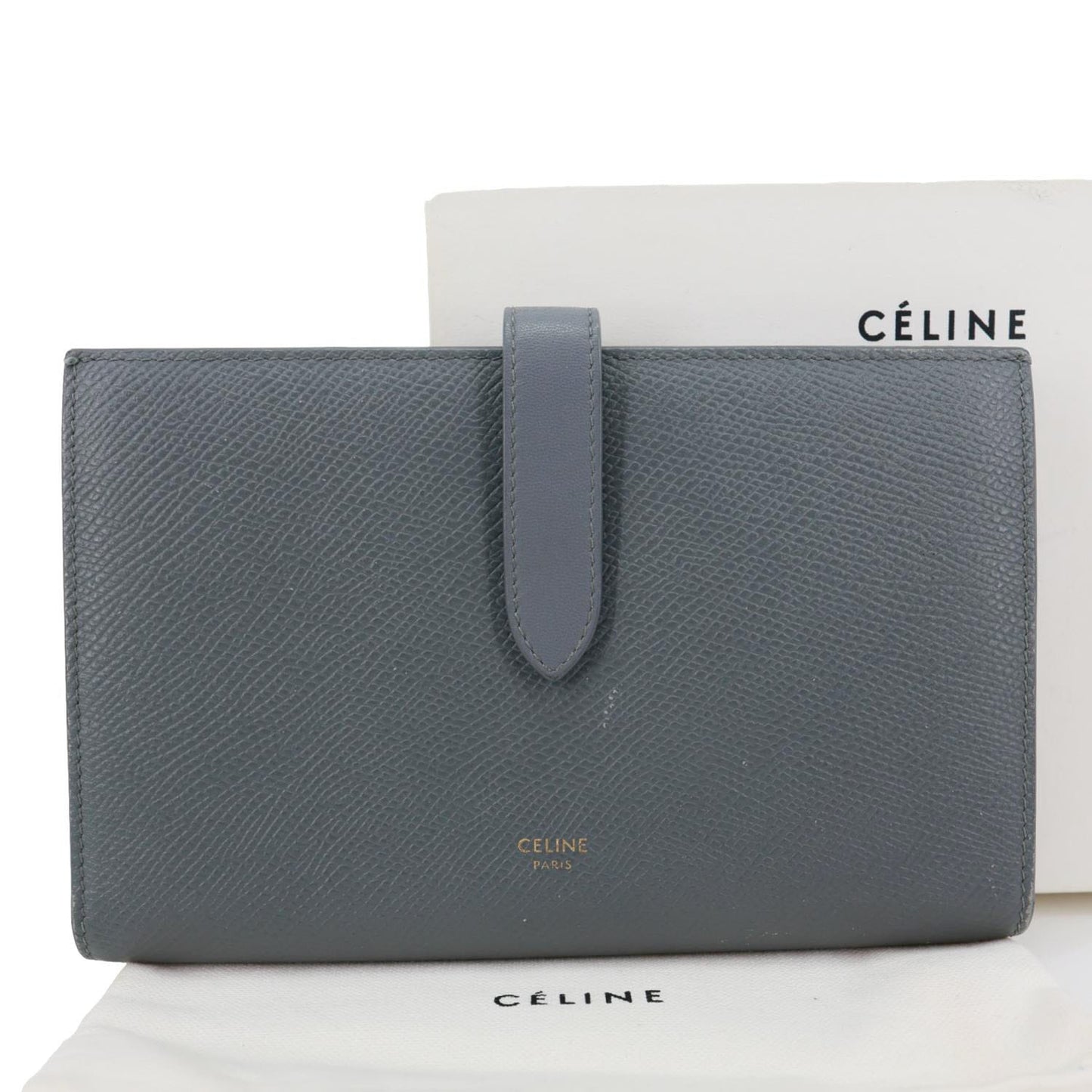 CELINE Strap Large Grained Calfskin Leather Wallet Grey