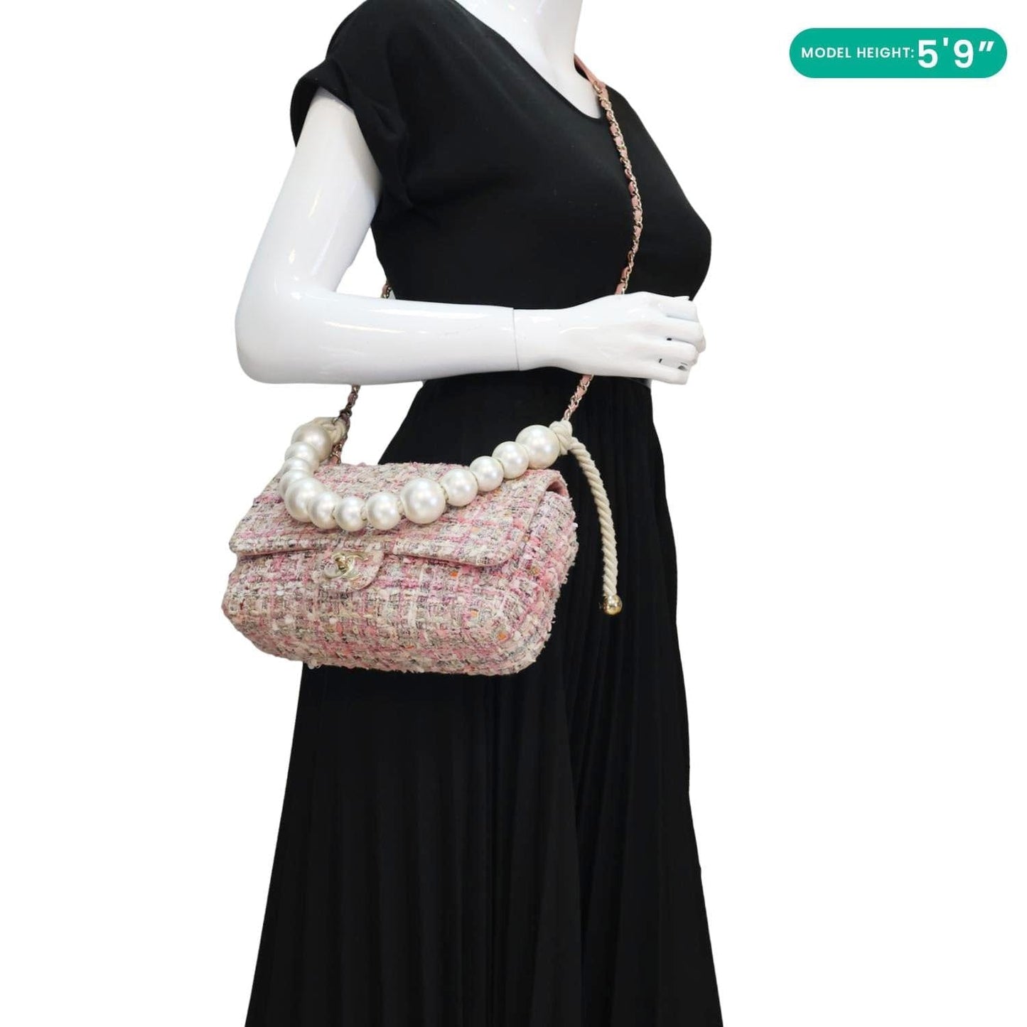 CHANEL Pearl Flap Mini Tweed Top Handle Shoulder Bag Pink