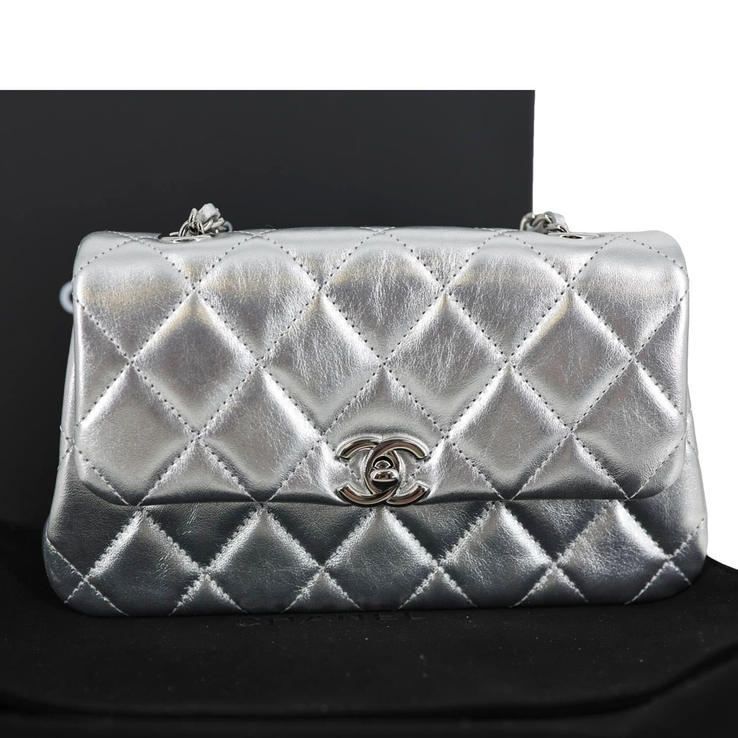 CHANEL Metallic O Phone Holder Quilted Lambskin Leather Chain Bag Silver