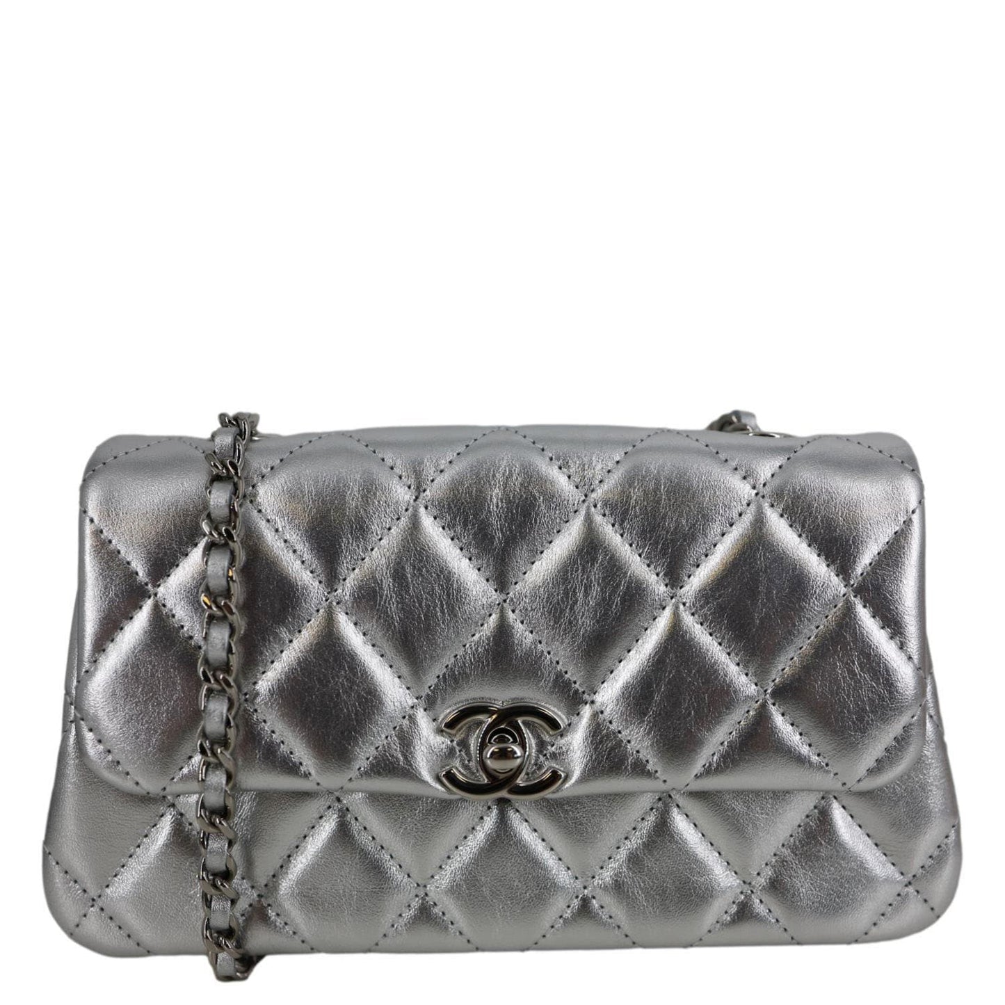 CHANEL Metallic O Phone Holder Quilted Lambskin Leather Chain Bag Silver