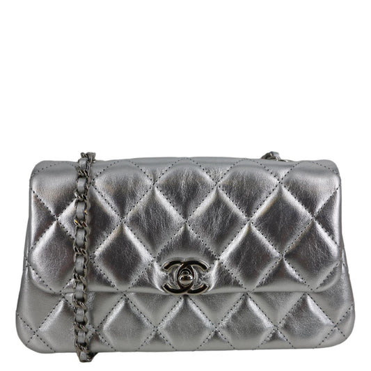 CHANEL Metallic O Phone Holder Quilted Lambskin Leather Chain Bag Silver