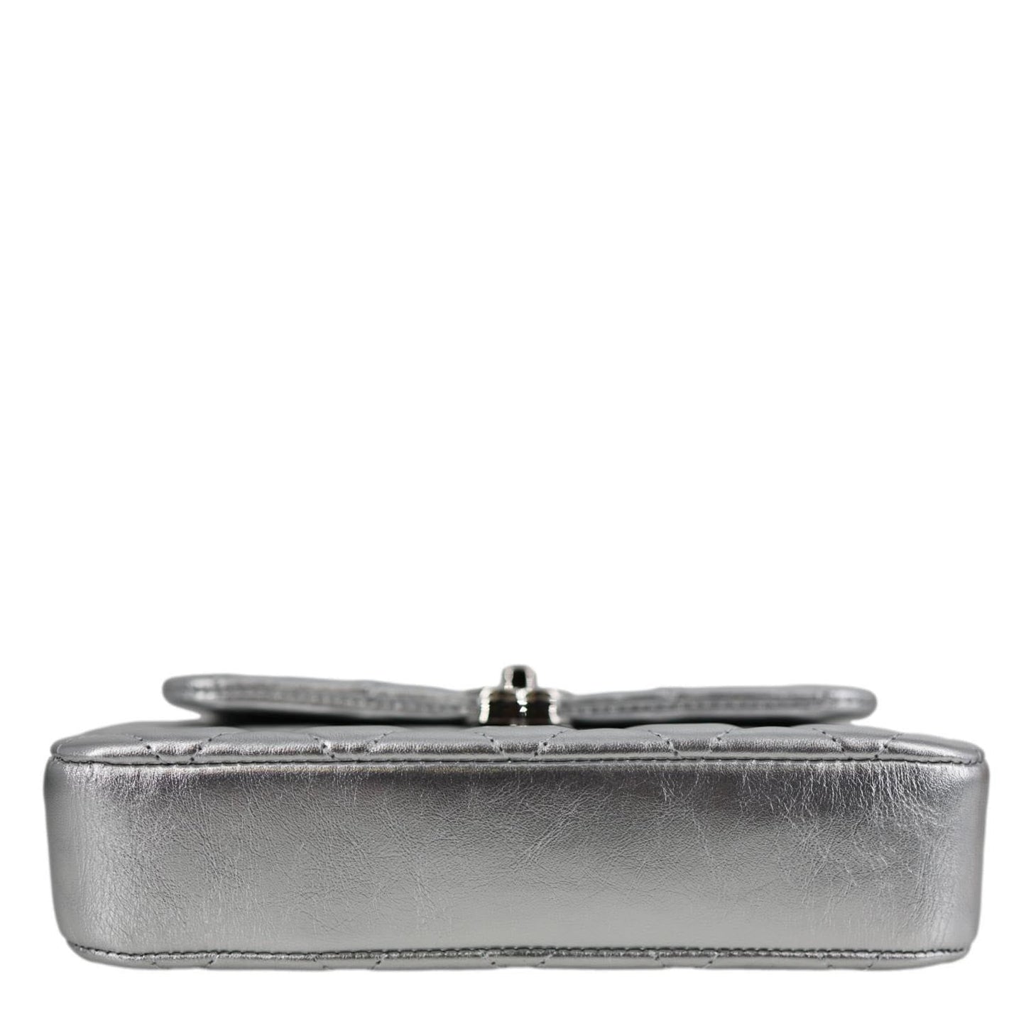 CHANEL Metallic O Phone Holder Quilted Lambskin Leather Chain Bag Silver