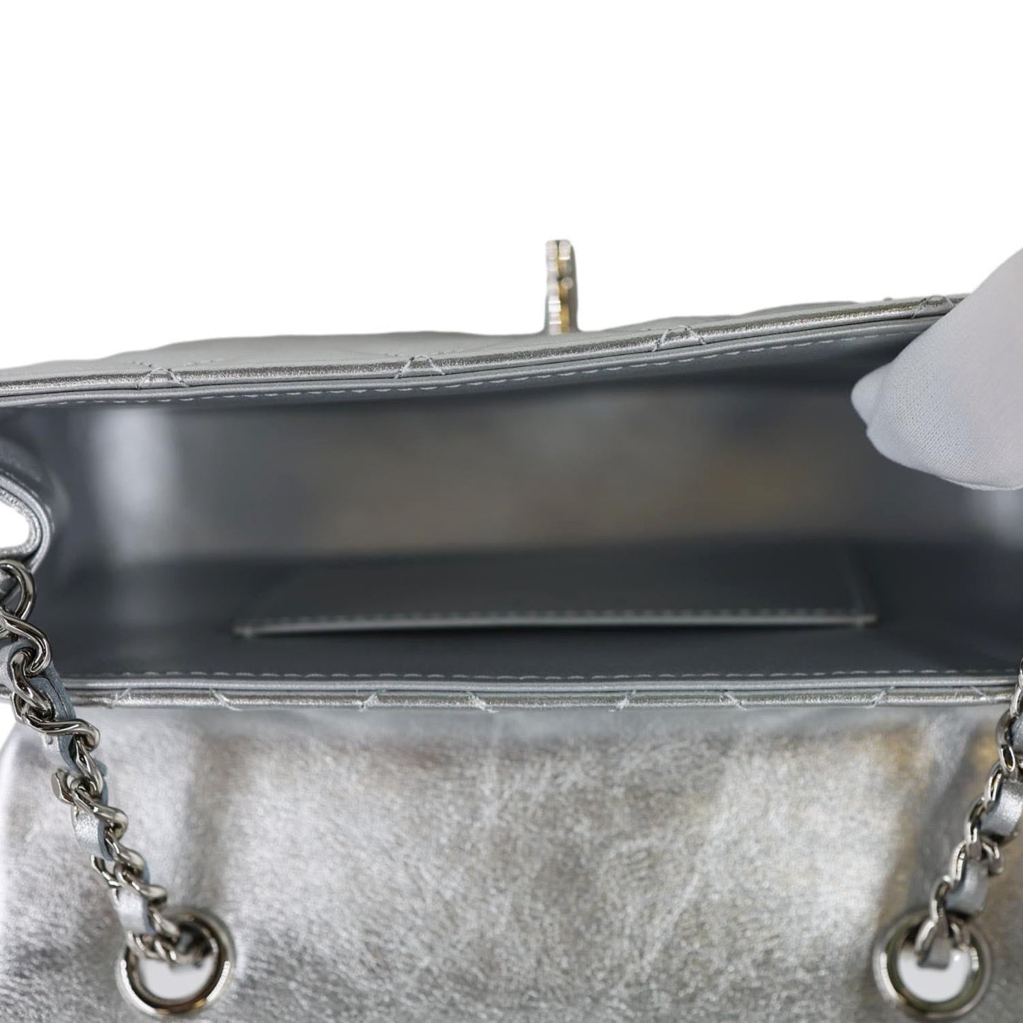 CHANEL Metallic O Phone Holder Quilted Lambskin Leather Chain Bag Silver