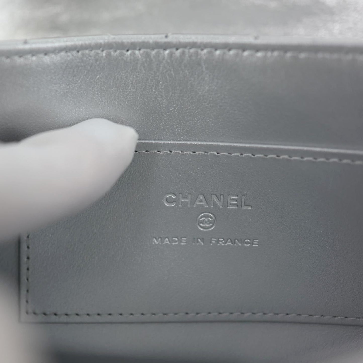 CHANEL Metallic O Phone Holder Quilted Lambskin Leather Chain Bag Silver