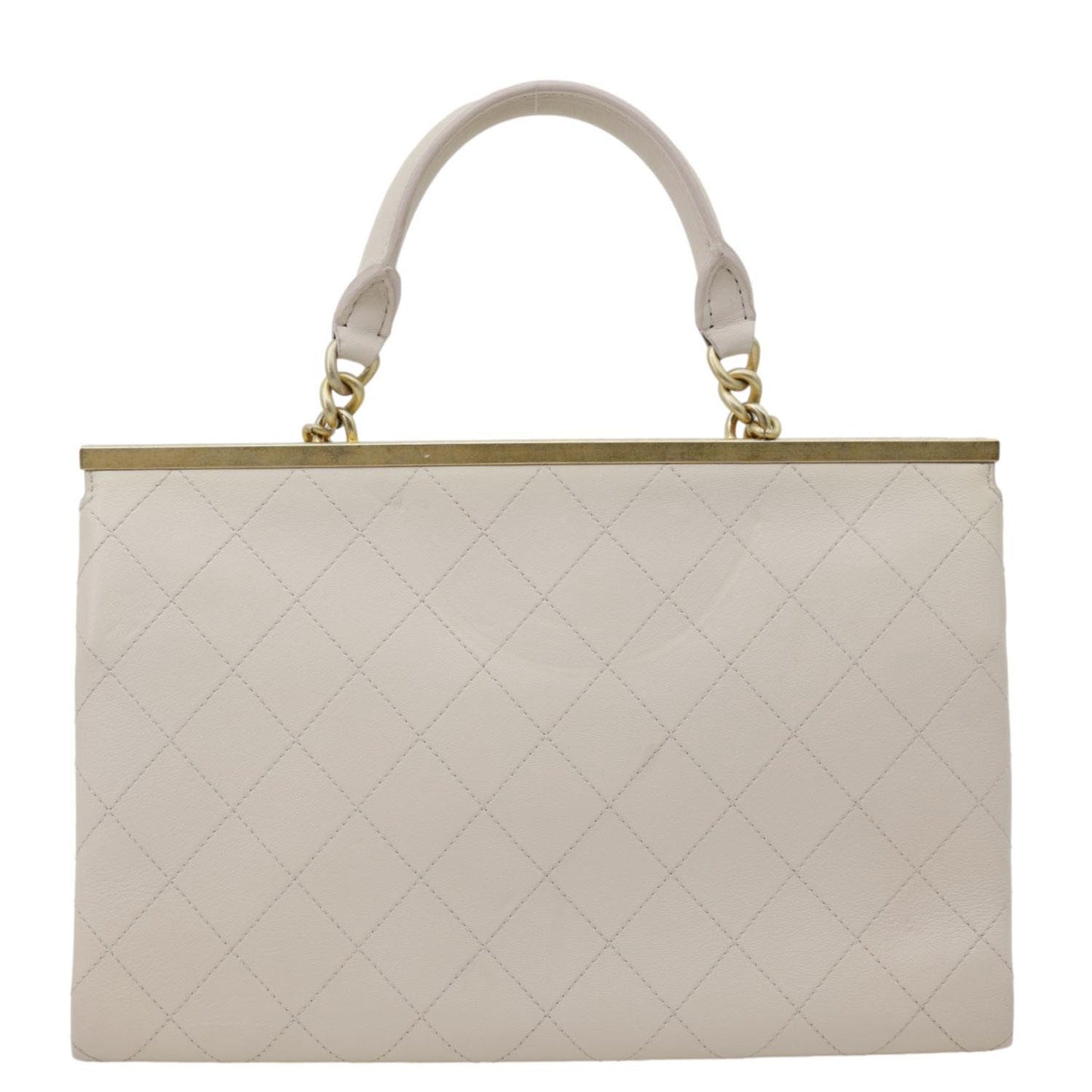 CHANEL Coco Luxe Flap Quilted Lambskin Leather Top Handle Shoulder Bag Off White