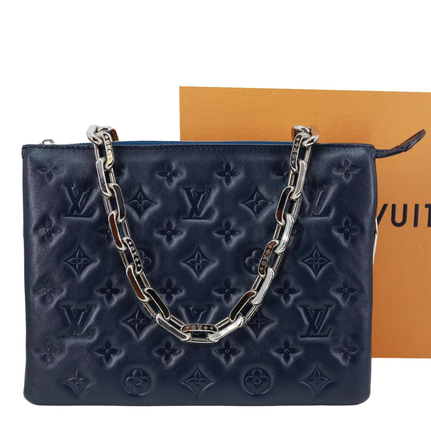 LOUIS VUITTON Coussin PM Monogram Embossed Leather Shoulder Bag Navy Blue
