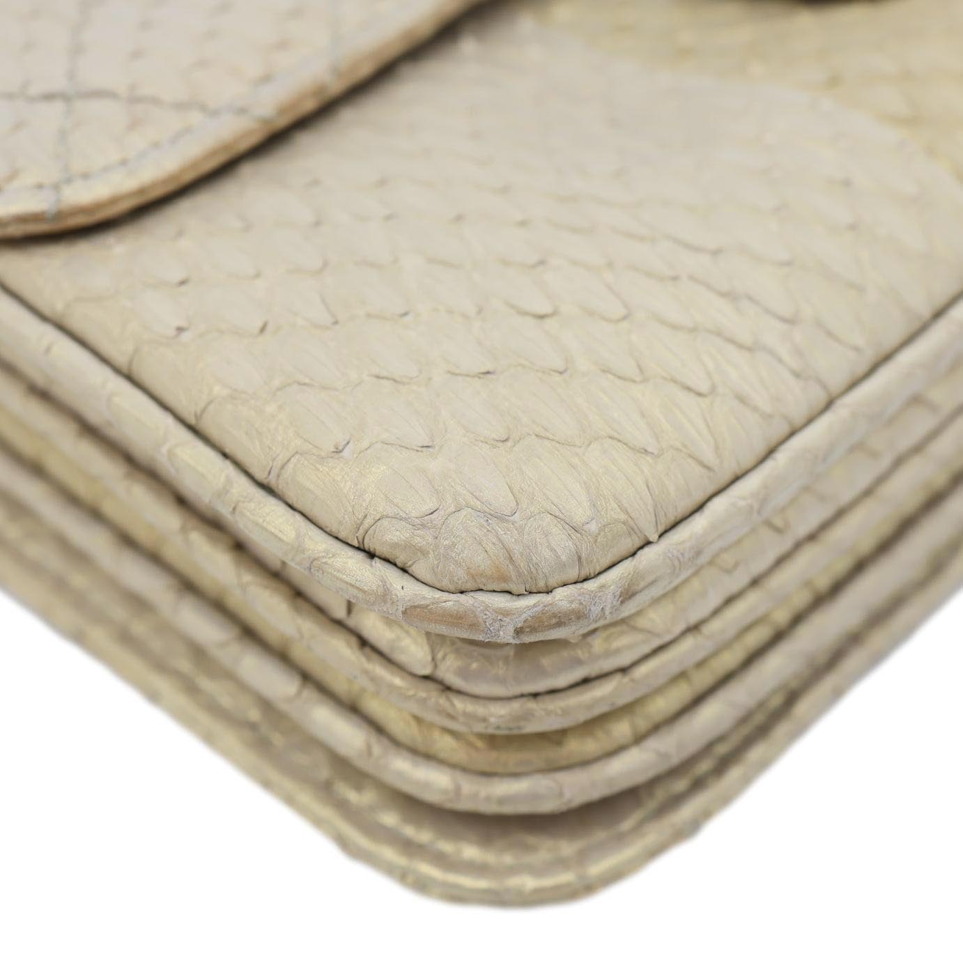 CHANEL Timeless Classic Flap Quilted Python Leather Shoulder Bag Gold