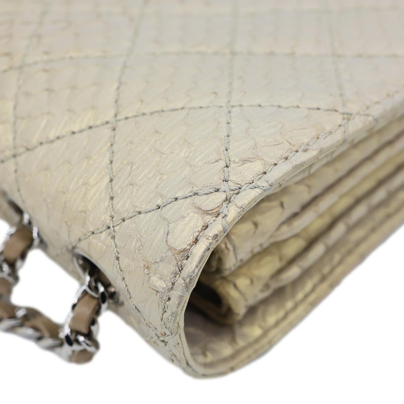 CHANEL Timeless Classic Flap Quilted Python Leather Shoulder Bag Gold
