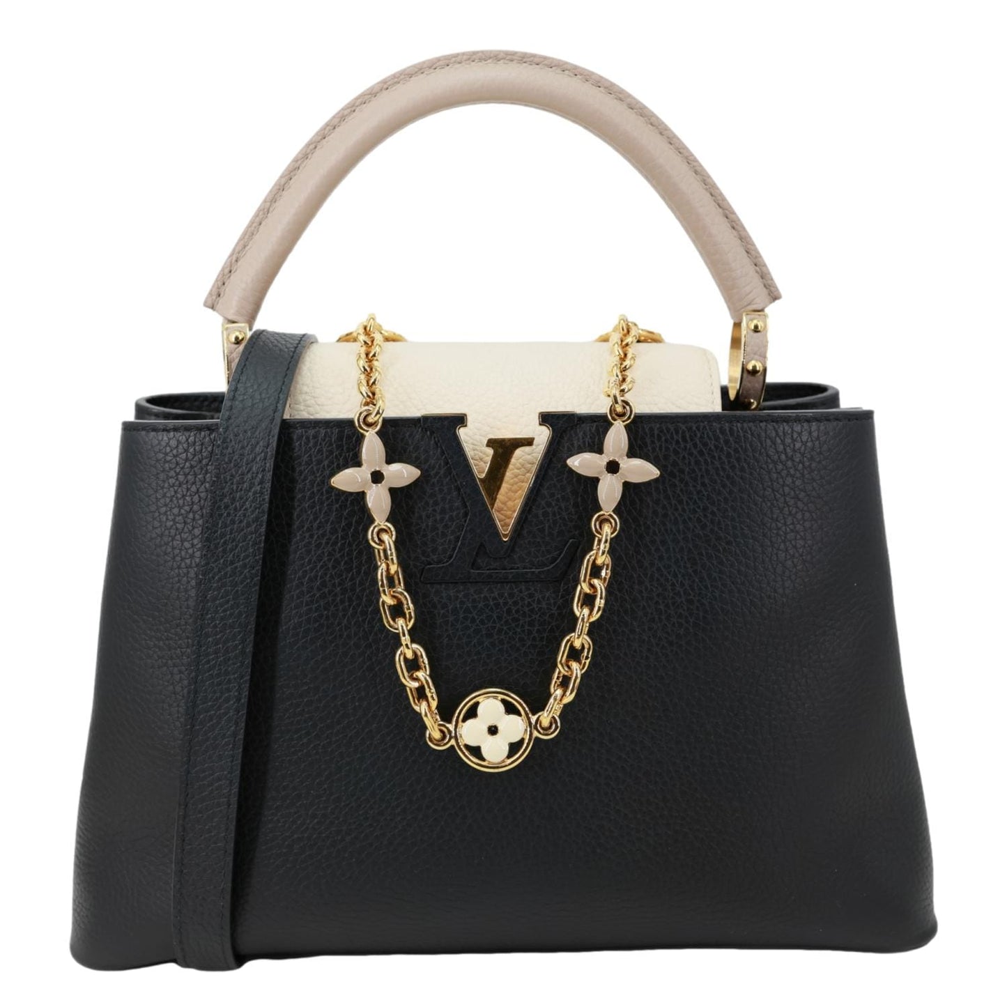 LOUIS VUITTON Capucine MM Monogram Flowers Taurillon Leather Chain Crossbody Bag Black