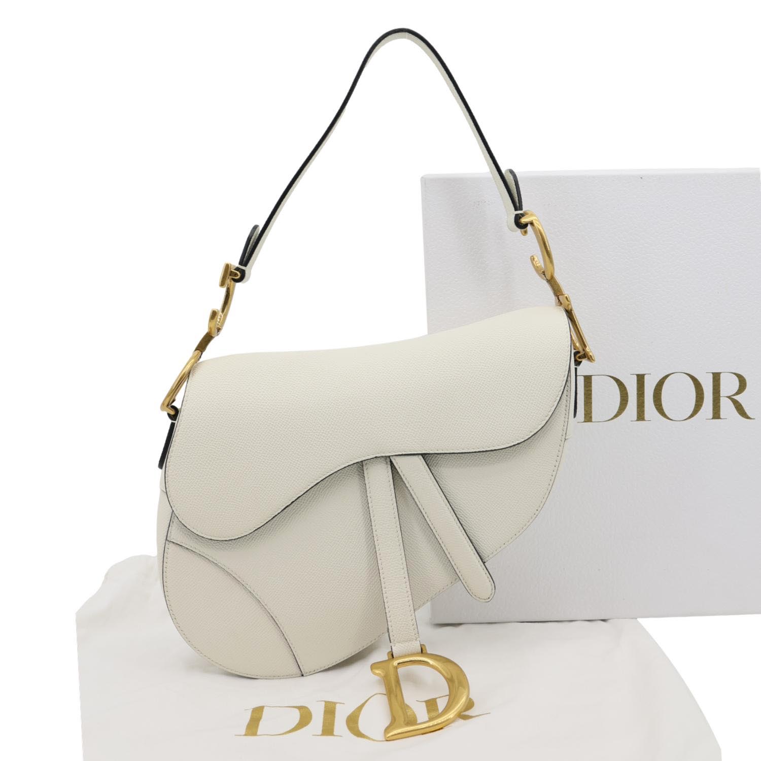 CHRISTIAN DIOR Saddle Grained Calfskin Leather Shoulder Bag Off White