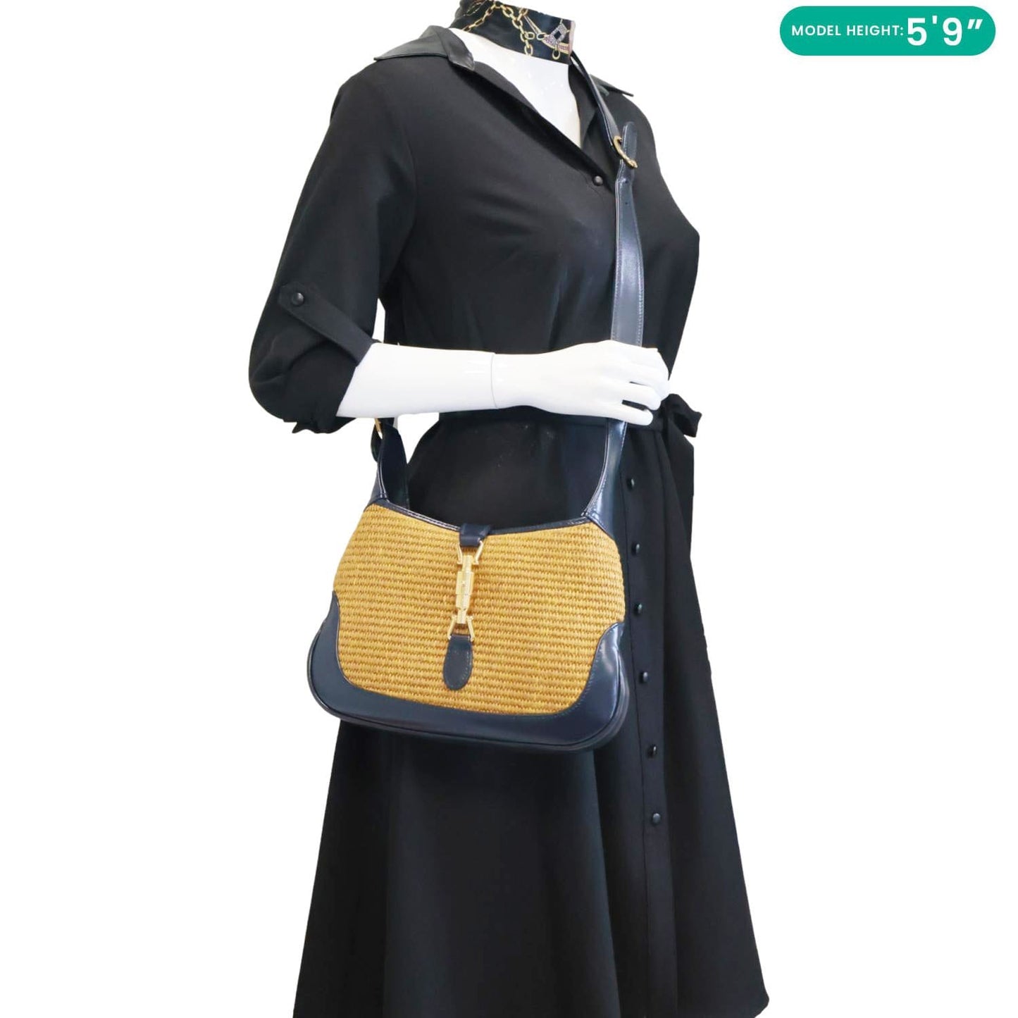 GUCCI Jackie 1961 Small Raffia Straw Lux Shoulder Bag Navy Blue 636706
