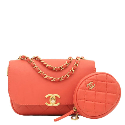 CHANEL Multi Pouching Flap Quilted Calfskin Leather Crossbody Bag Orange