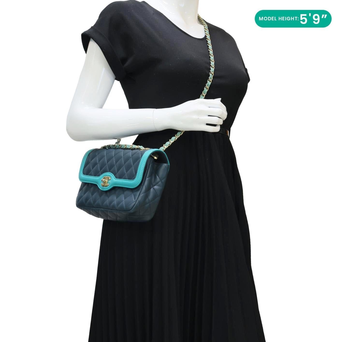 CHANEL Bi-Color Flap Quilted Lambskin Leather Crossbody Bag Turquoise