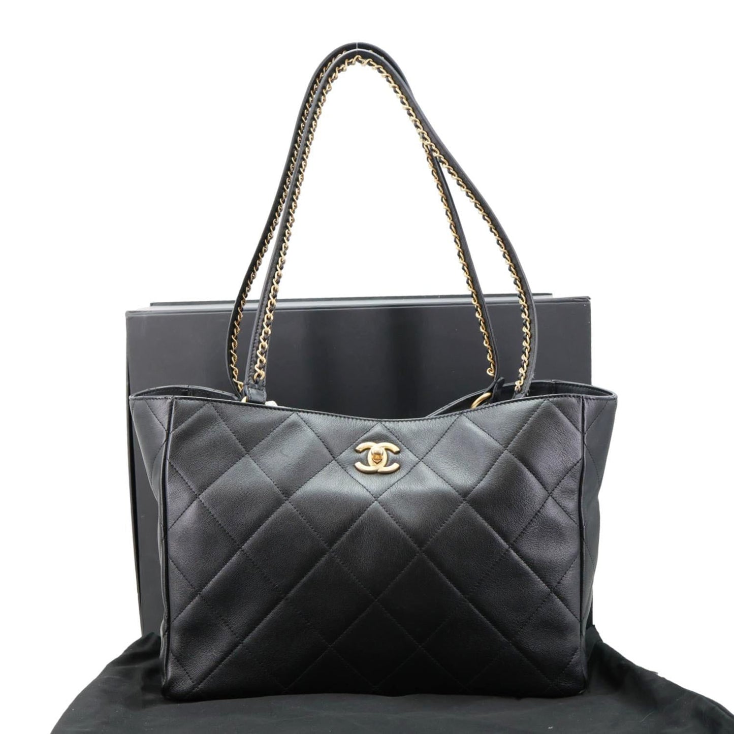 CHANEL Book Pocket Quilted Calfskin Shopping Tote Bag Black