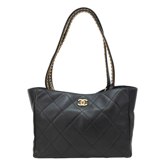 CHANEL Book Pocket Quilted Calfskin Shopping Tote Bag Black