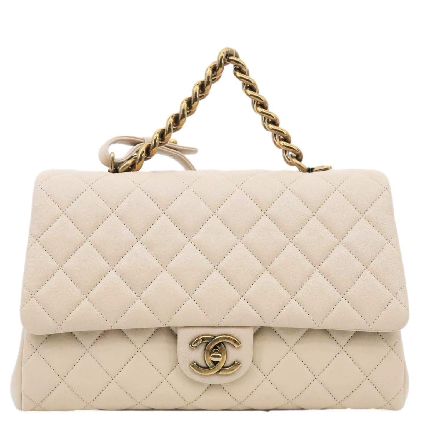 CHANEL Trapezio Flap Large Quilted Sheepskin Leather Crossbody Bag Beige