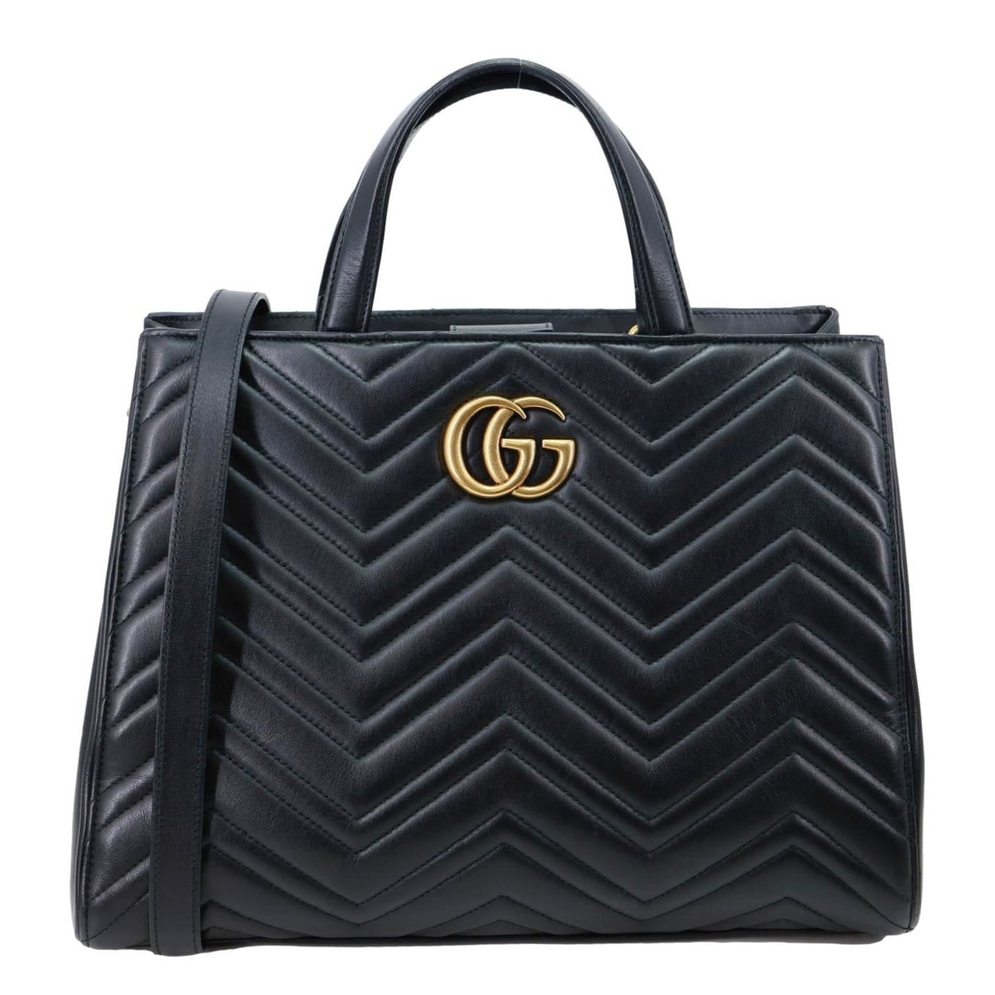 GUCCI GG Marmont Medium Calfskin Matelasser Leather Tote Shoulder Bag Black 443505