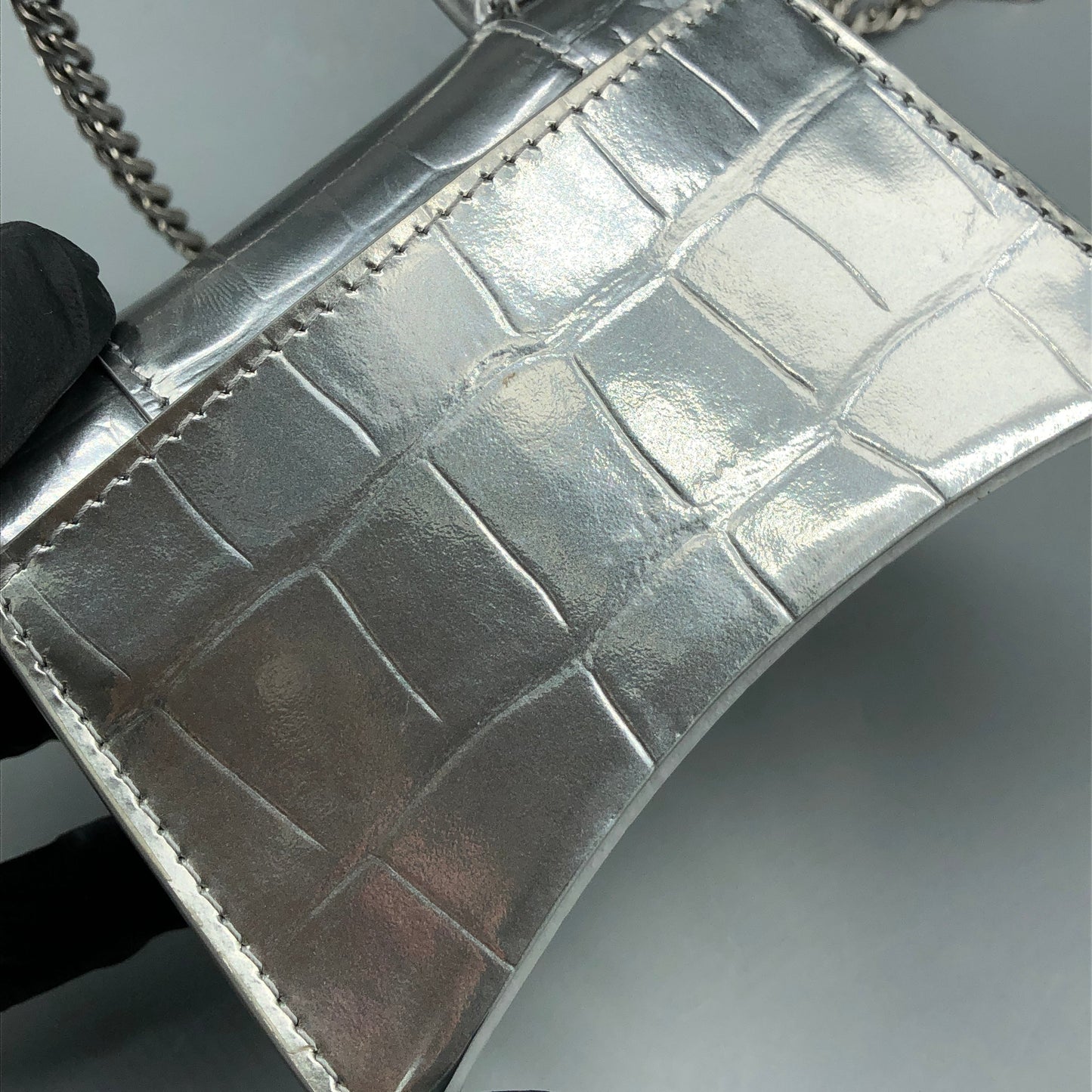 Balenciaga Silver Croc Embossed micro Hourglass Top Handle Bag