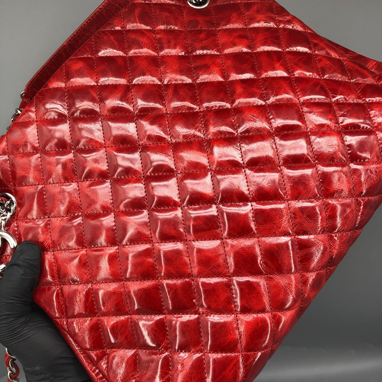 Chanel Just Mademoiselle Quilted Patent Leather Bowling Shoulder Bag Cherry Red