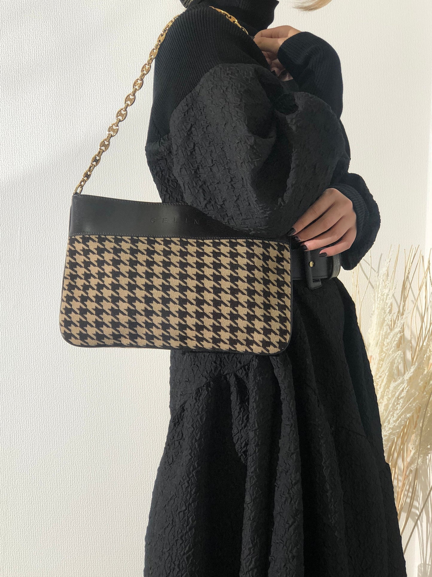 CELINE Triomphe Chain Houndstooth Fabric Leather Handbag Chain Shoulder bag Beige Brown f8gihb