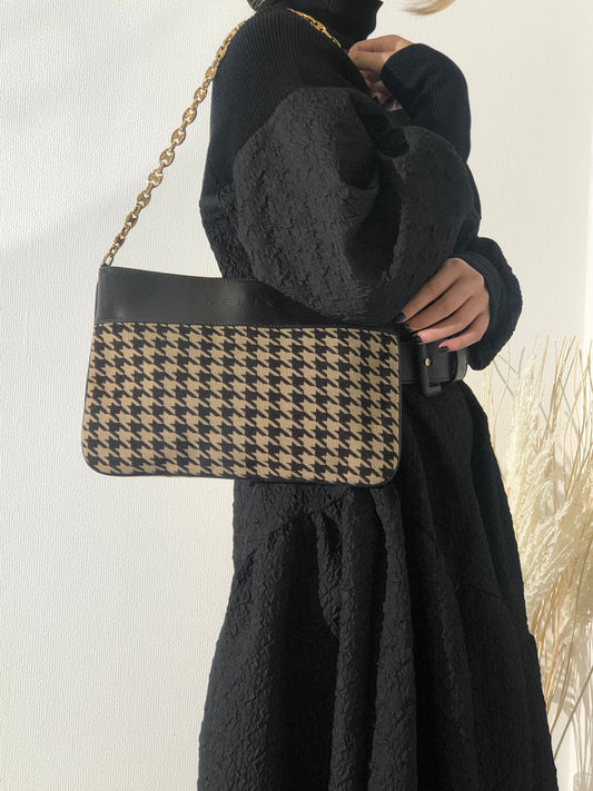 CELINE Triomphe Chain Houndstooth Fabric Leather Handbag Chain Shoulder bag Beige Brown f8gihb