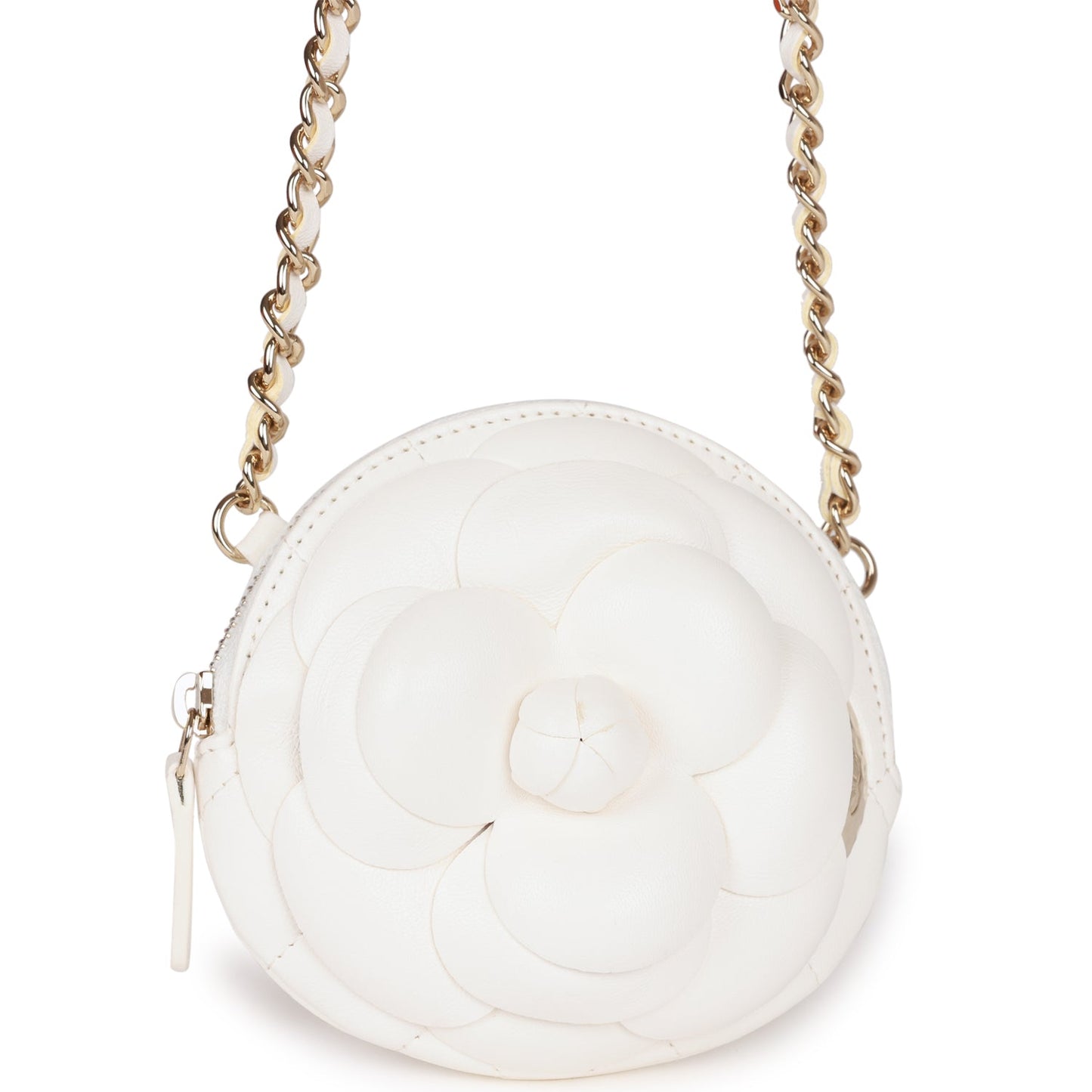 Chanel Camellia Clutch With Chain White Lambskin Light Gold Hardware