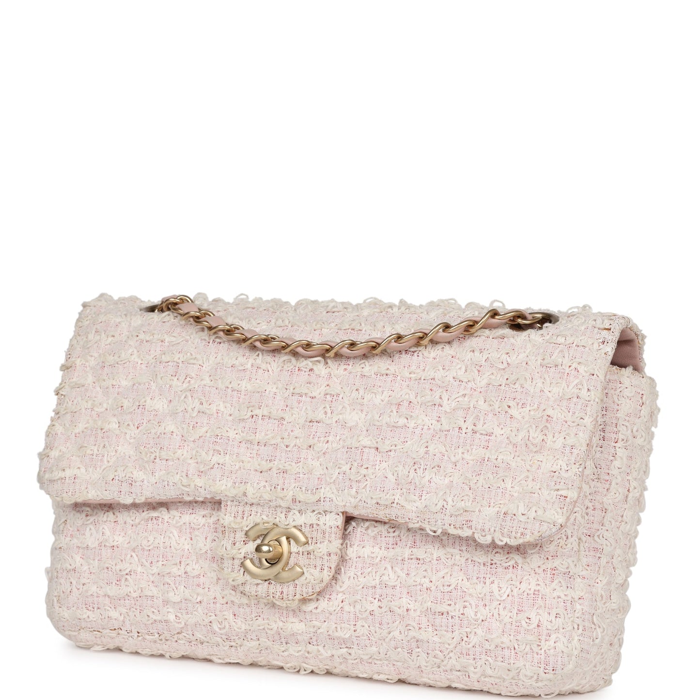 Chanel Medium Single Flap Bag Pink and White Tweed Brushed Gold Hardware