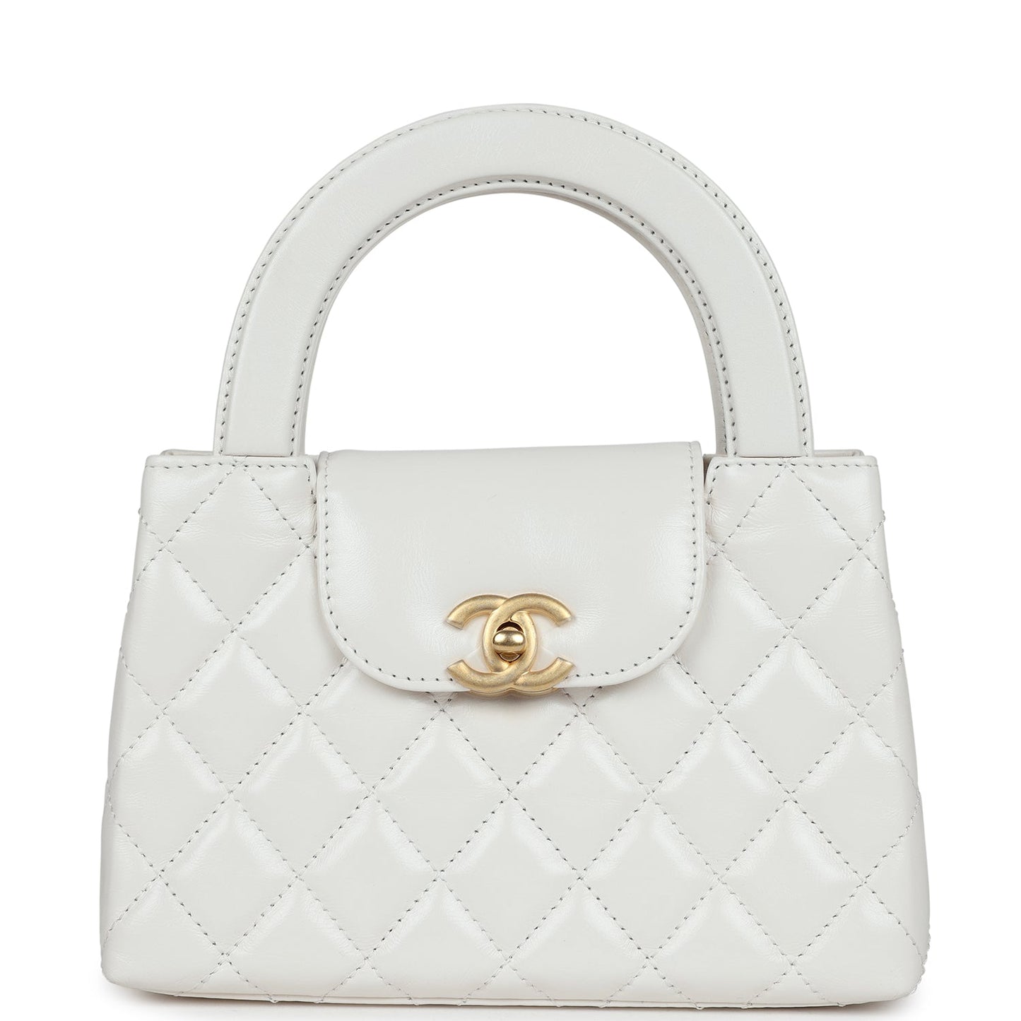 Chanel Small Kelly Shopper White Shiny Aged Calfskin Brushed Gold Hardware