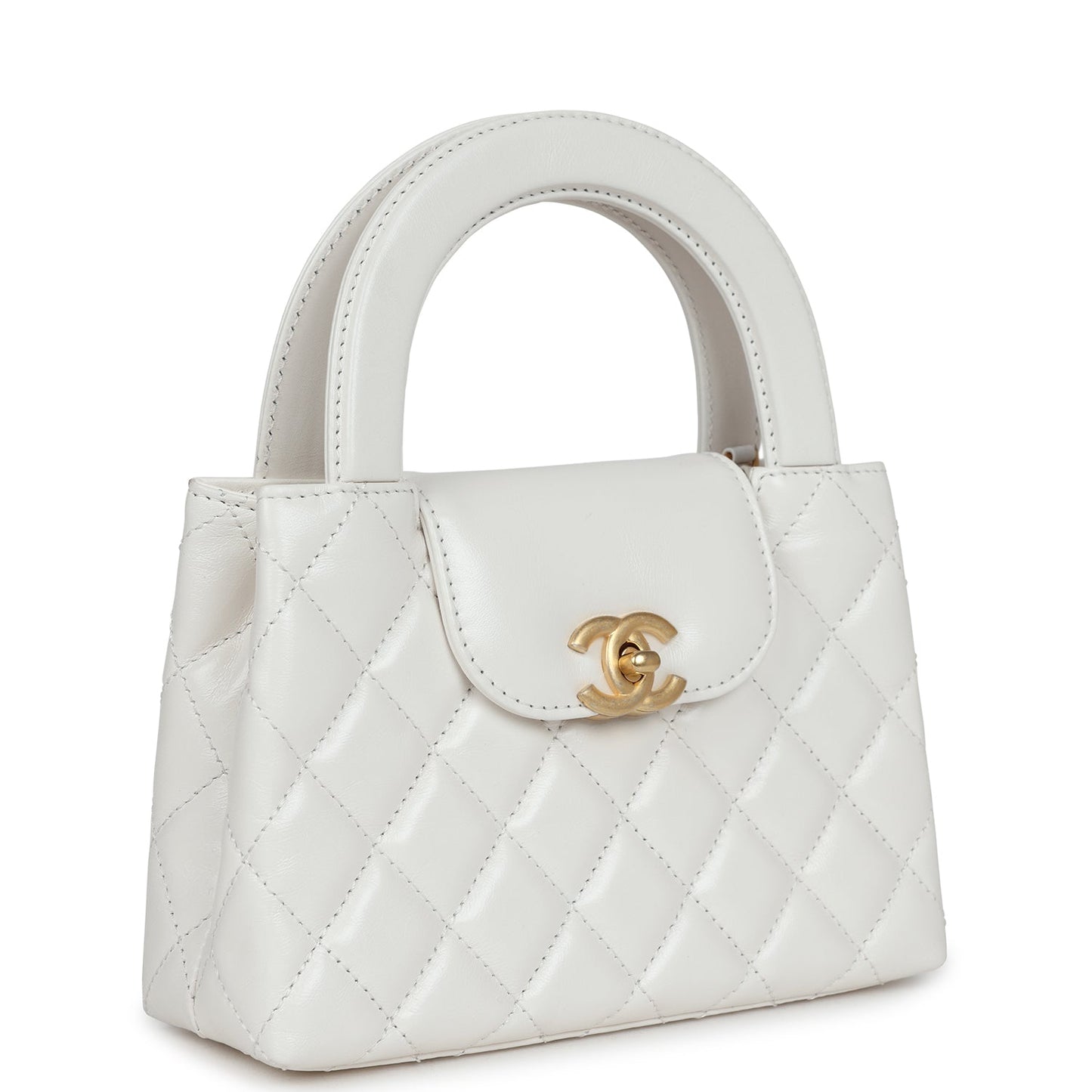Chanel Small Kelly Shopper White Shiny Aged Calfskin Brushed Gold Hardware