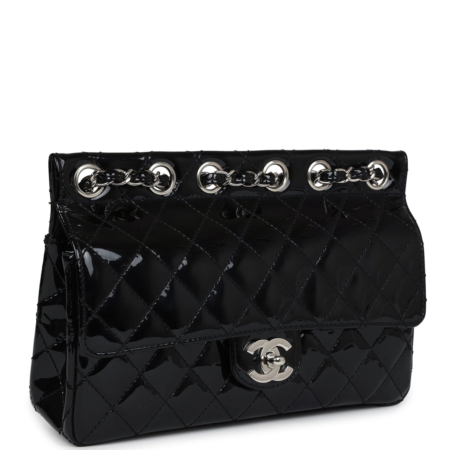 Chanel Chain Through Flap Bag Black Patent Silver Hardware