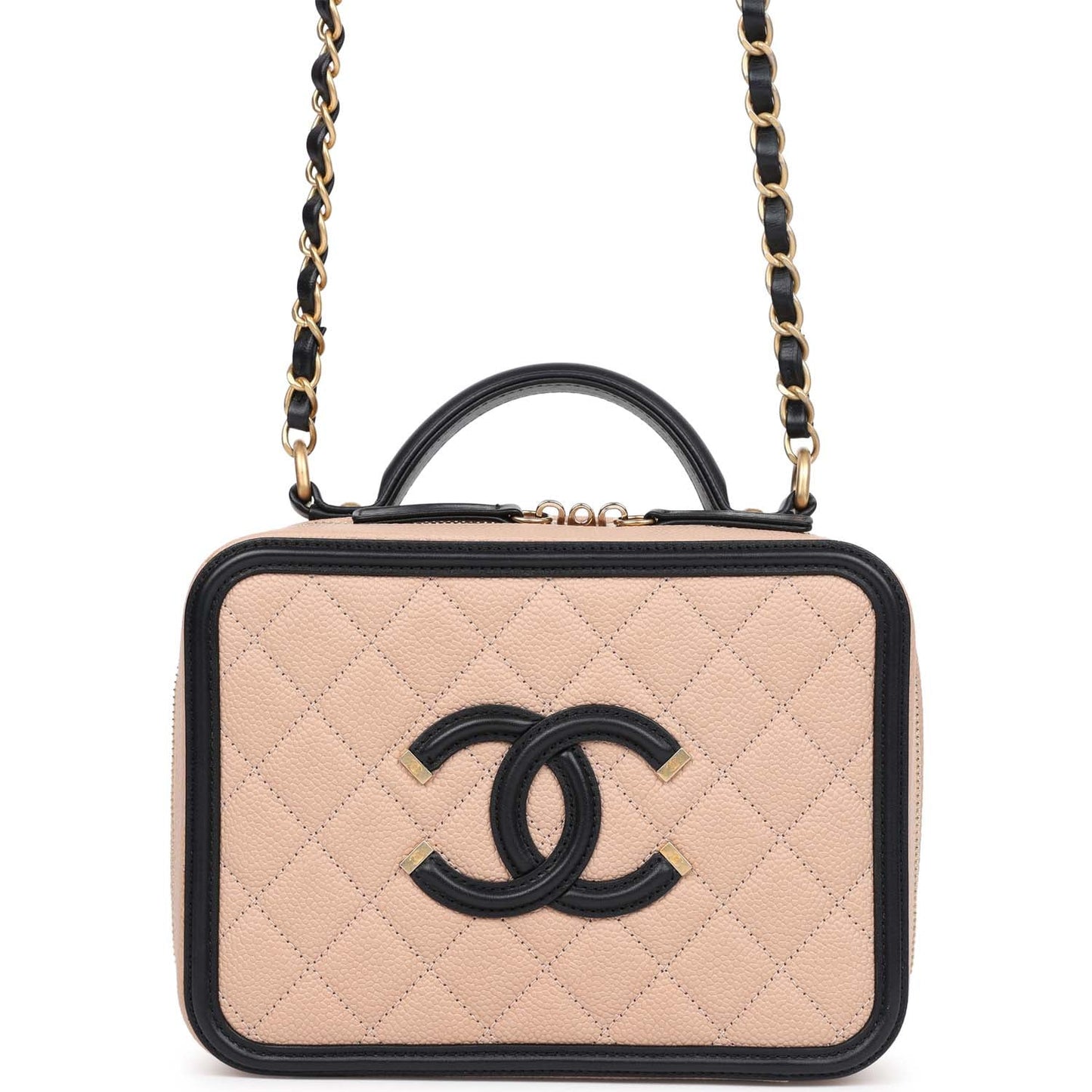 Chanel Medium CC Filigree Vanity Case Black and Beige Caviar Antique Gold Hardware