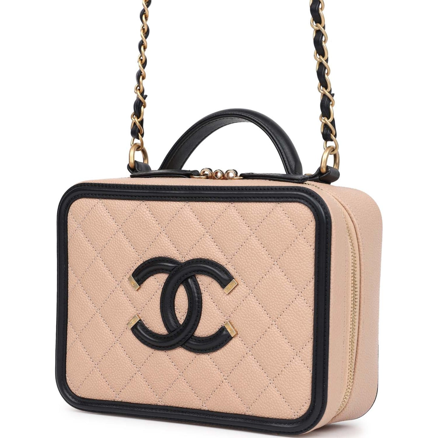 Chanel Medium CC Filigree Vanity Case Black and Beige Caviar Antique Gold Hardware