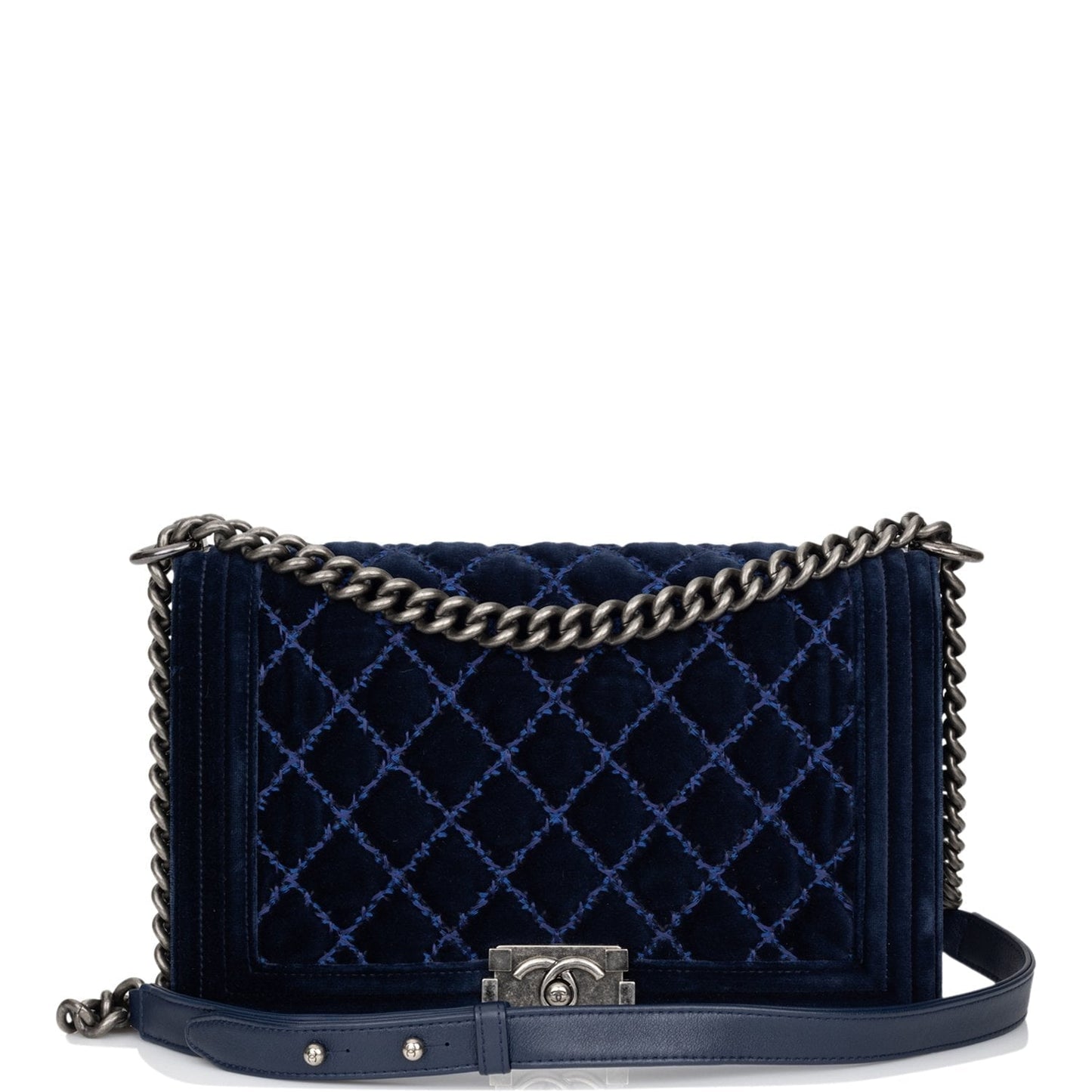 Chanel Large Boy Bag Blue Velvet Ruthenium Hardware