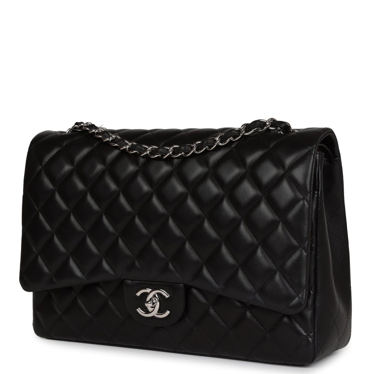 Chanel Maxi Classic Double Flap Bag Black Lambskin Silver Hardware