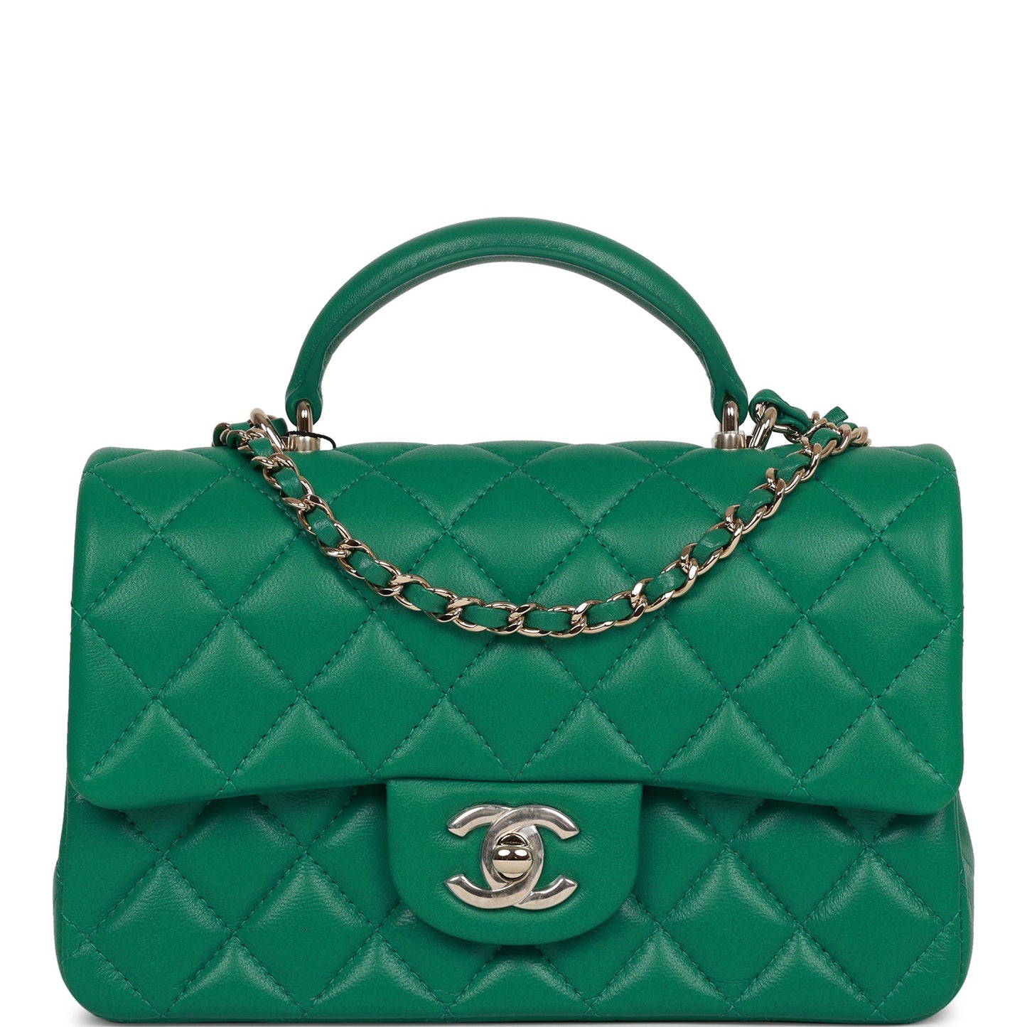 Chanel Mini Rectangular Flap With Top Handle Green Lambskin Light Gold Hardware