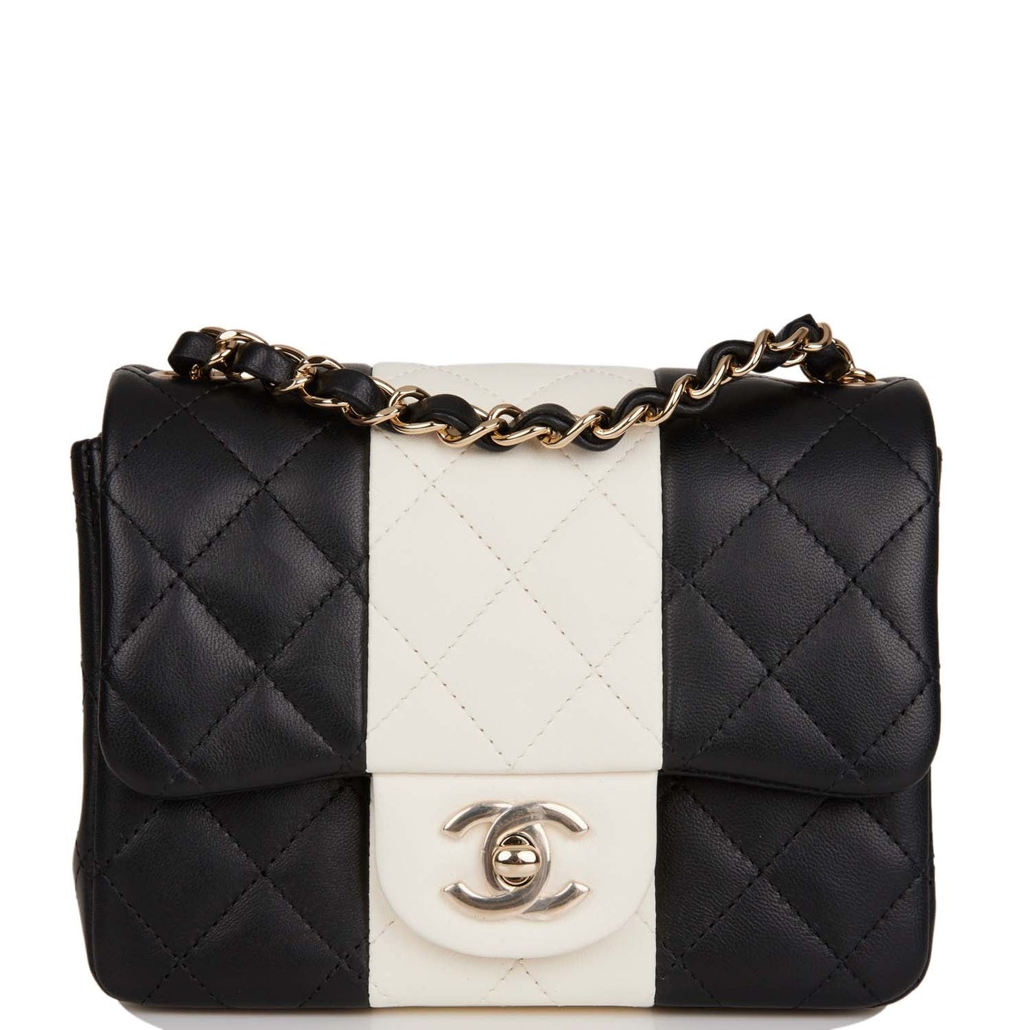 Chanel Mini Square Flap Bag Black And White Lambskin Light Gold Hardware
